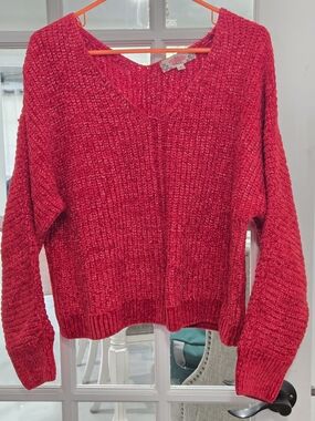 Pink Rose Chunky Red V-Neck Women's Sweater